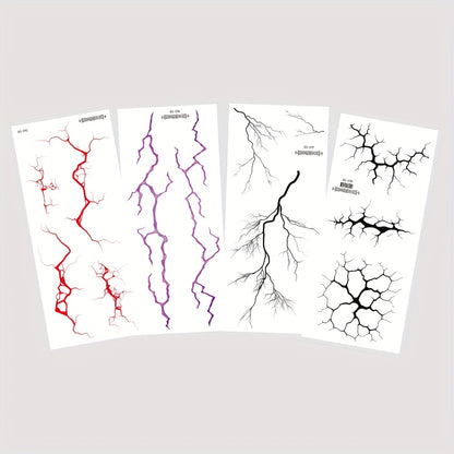 4 Lightning Tattoo Stickers with Floral Blood Vessel Design, Waterproof Halloween Makeup Face Decals - Realistic Black Sketch Temporary Tattoos for Men & Women: Arm, Thigh, Body Art, Long-Lasting Fake Tattoos
