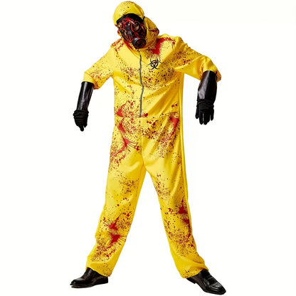 1 Set Full Zombie Costume with Gas Mask & Splatter Effects - Neon Yellow & Red Blood-Splattered Outfit, Hazmat Suit Design with Black Gloves - Easy-to-Wear Outfit for Halloween Costumes, Themed Parties & Horror Events (No Mas
