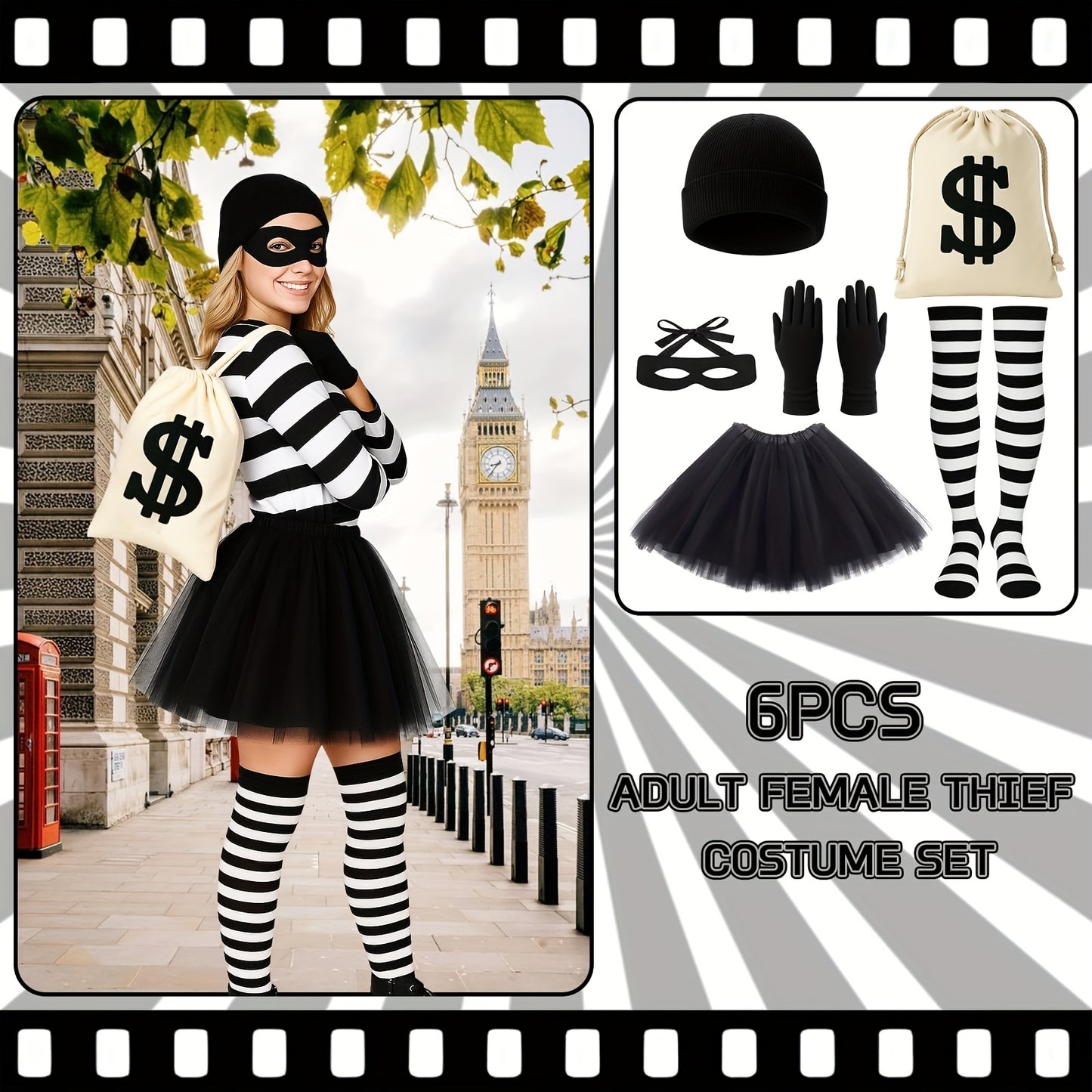 6pcs Women Robber Costume Set - Black Beanie, Gloves, Eye Mask, Striped Socks, Tutu Skirt, Canvas Money Bag for Halloween, Cosplay, and Fancy Dress Parties, Adult Halloween Costume | Playful Accessories | Polyester Fiber, Hal