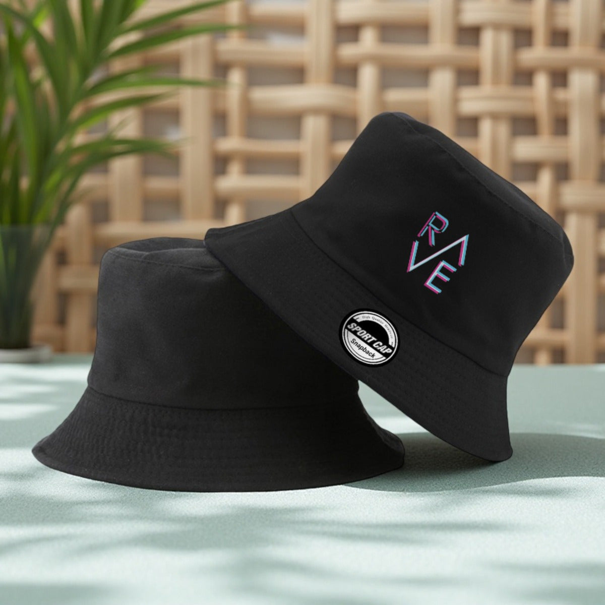 1pc Rave Print Bucket Hat - Double-Sided Wearable Sun Hat for Men & Women, Black with Colorful "Rave" Design, Lightweight Polyester, Perfect for Basketball, Camping & Casual Outings, Casual Headwear | Vibrant Print Hat | Dura