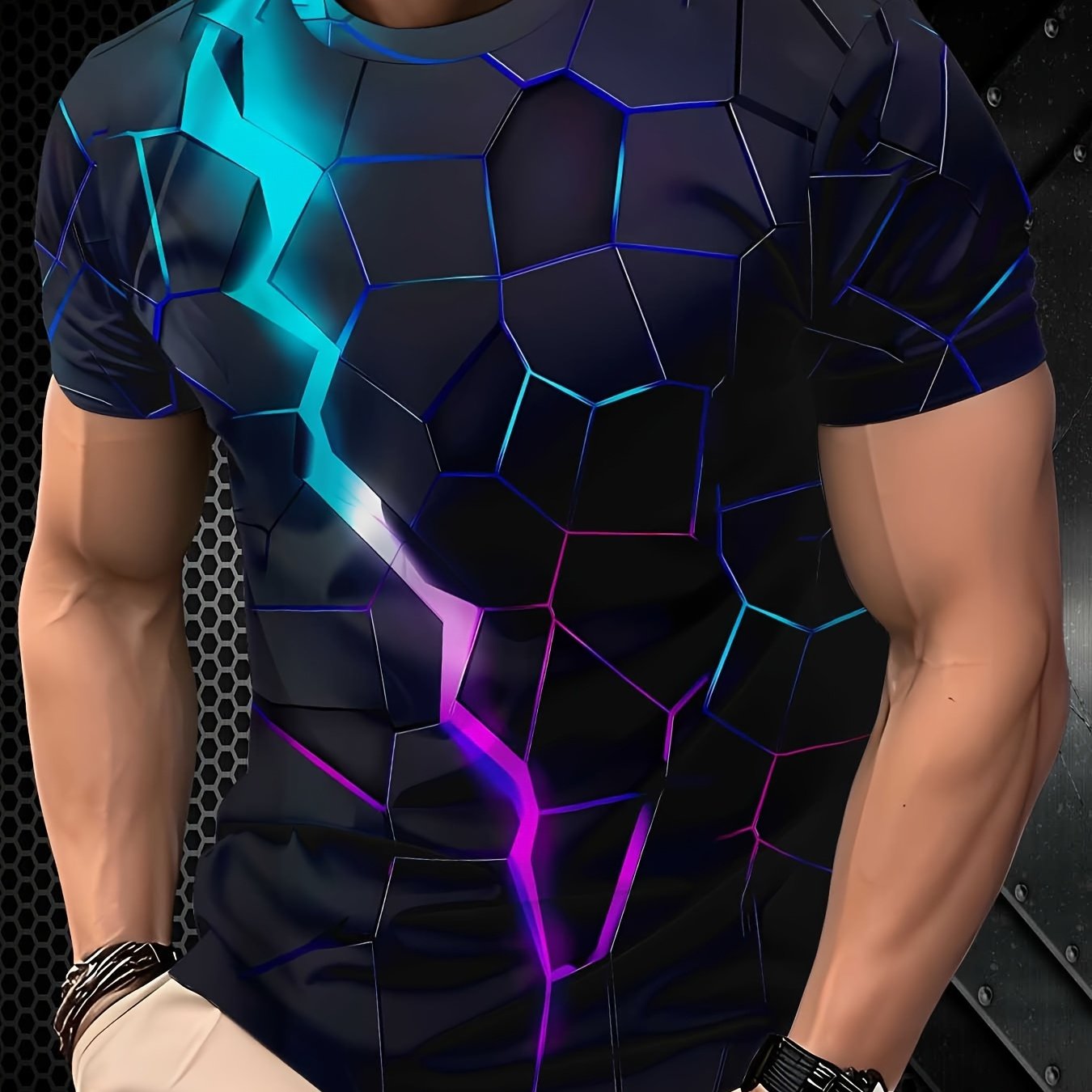 Men's Lightning Effect T-Shirt - Neon Blue & Pink Electric Graphic Tee, Lightweight Polyester Blend Crew Neck Shirt for Parties, Everyday & Themed Events - Machine Washable Retro Futuristic Top, Party Attire, Summer Clothing,