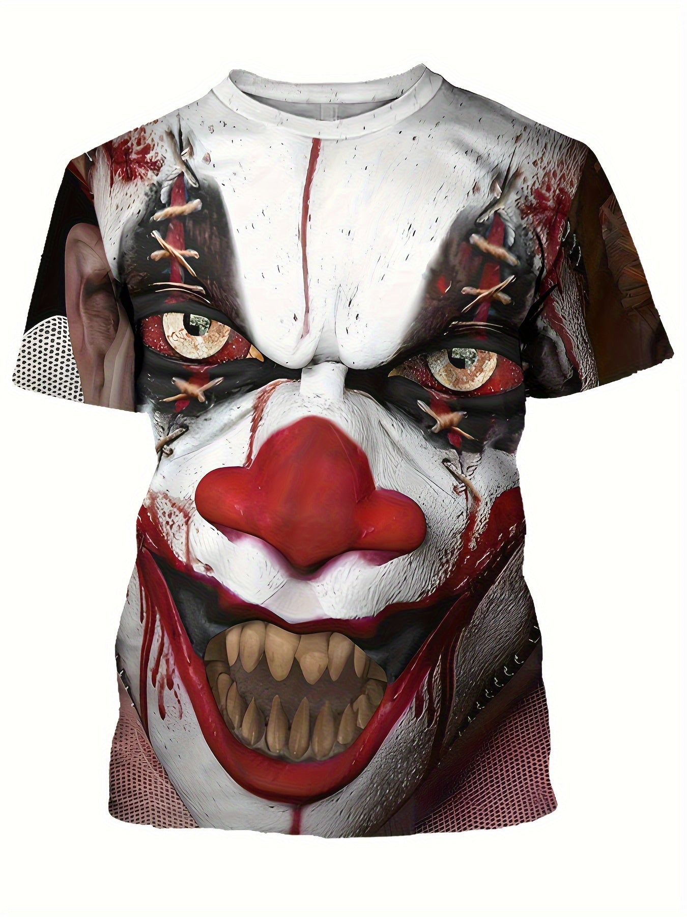 1pc Men's Pennywise Clown Costume T-Shirt - Pennywise Face & IT Movie-Inspired 3D Graphic Tee, Soft Stretchy Knit Fabric, Round Neck Short Sleeve Shirt for Horror Fans, Carnival Parties & Cosplay Events (Machine Washable) - C