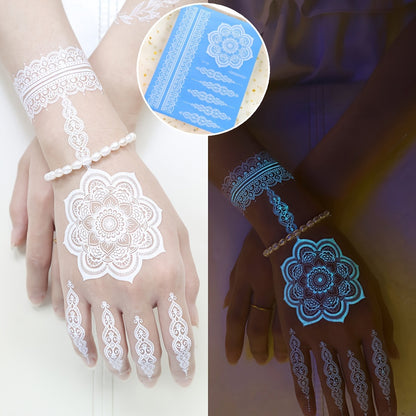 6 Sheets Glow-in-the-Dark Blue Luminous Tattoo Stickers - Tribal White Lace Lotus Mandala Flower Designs, Waterproof Fake Jewelry Pendant Pattern, Perfect for Wedding, Music Festival, Party Supplies and Daily Wear - Easy to A