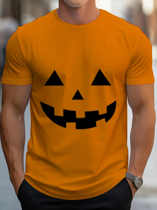 [Halloween Pumpkin Face T-Shirt] Plus Size Men's Halloween Pumpkin Face T-Shirt | Casual Crew Neck, Polyester & Spandex Blend, Slightly Stretchy Knit Fabric - Perfect for Spring/Summer/Fall, Ideal for Adults and Teens on the