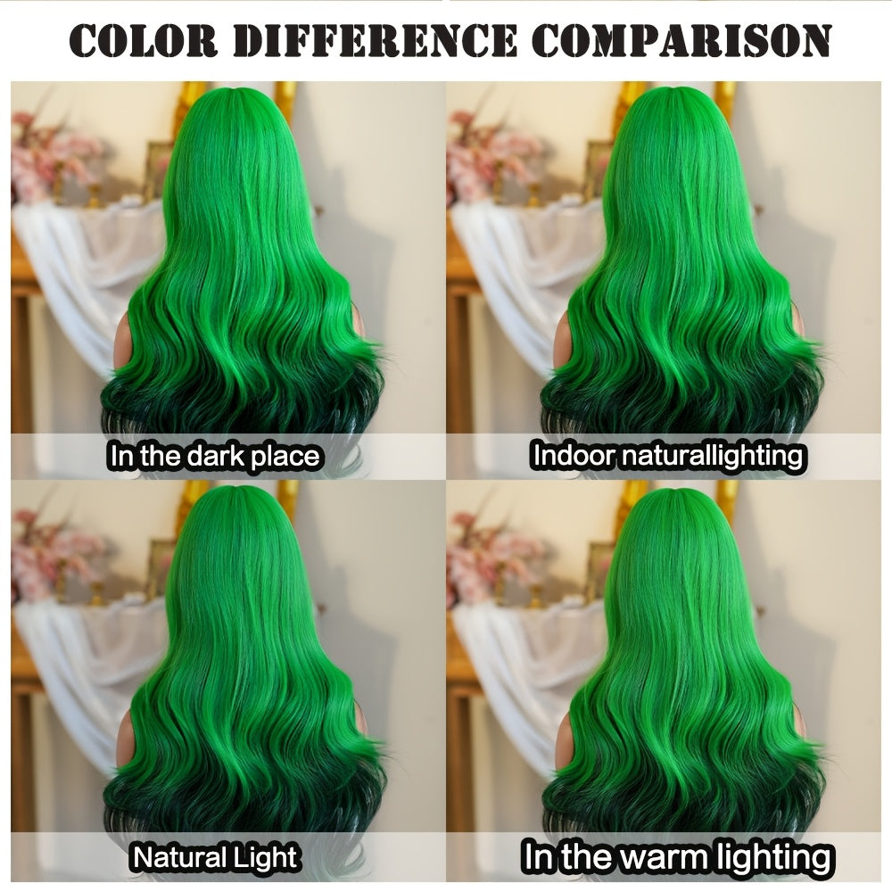 [Halloween Dress Up Wigs] Long Loose Curly Ombre Green Wigs with Bangs | High Density Fluffy Highlight Black Halloween Dress Up Wigs for Women - 30 Inches, Cosplay Accessory, Party Wig, Bangs Wig, Ombre Hairstyle, Durable, Li