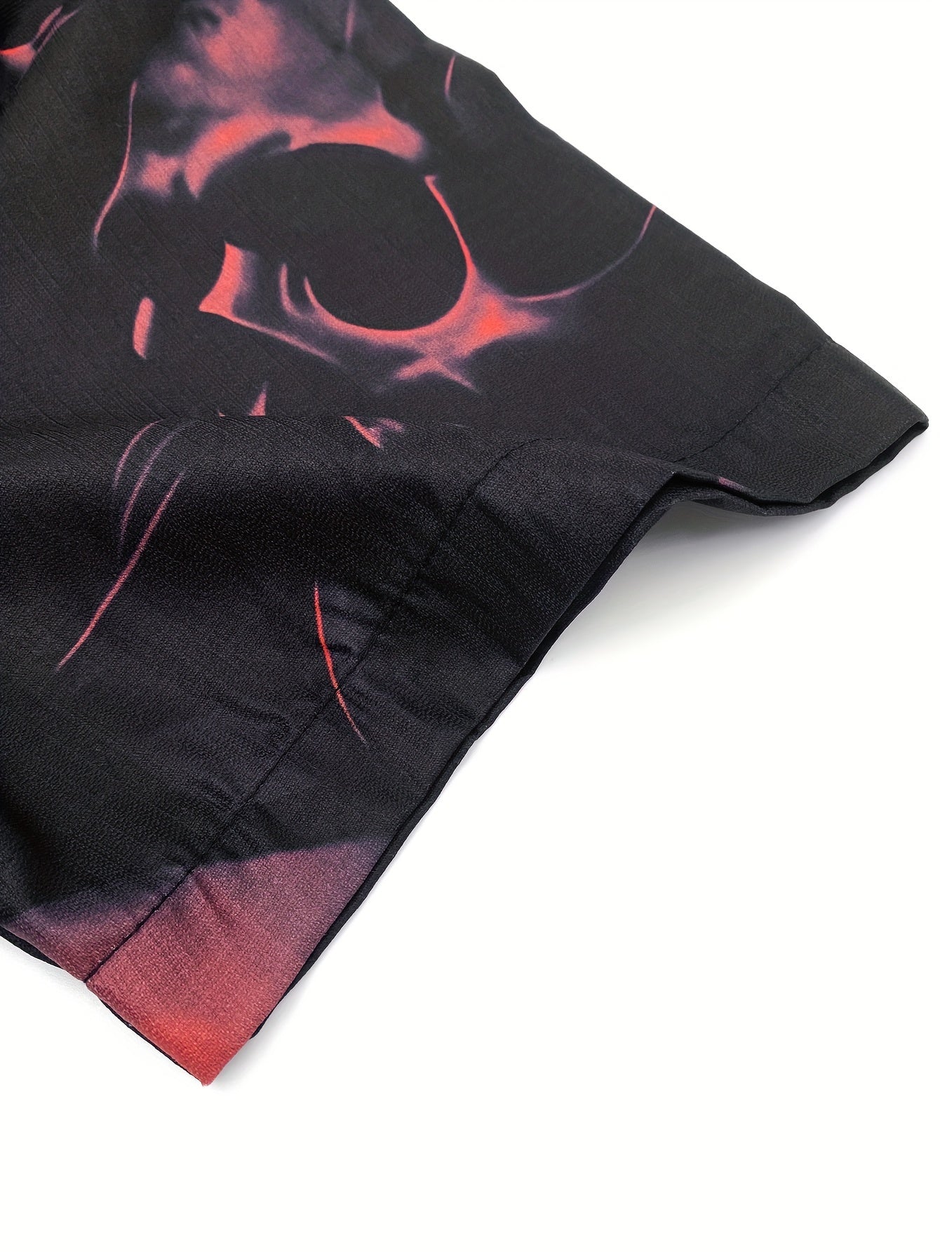 Men's Halloween Skull Print Short Sleeve Shirt - Black with Red & Orange Graphic, 100% Polyester Lightweight 140gsm, Regular Fit Button-Up Collar Top for Parties, Casual Wear & Outdoor Events