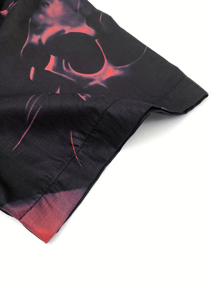 Men's Halloween Skull Print Short Sleeve Shirt - Black with Red & Orange Graphic, 100% Polyester Lightweight 140gsm, Regular Fit Button-Up Collar Top for Parties, Casual Wear & Outdoor Events