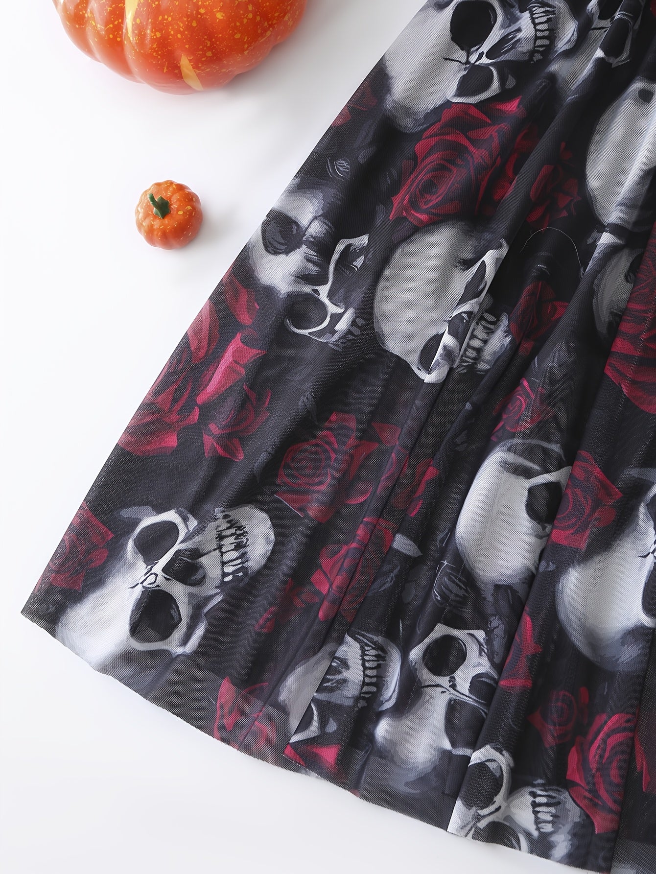 [Gothic Halloween Dress] Gothic Halloween Skeleton Rose Print Dress | Double V-Neck Zipper Sleeveless A-Line Skirt with Tulle Lining for Halloween Parties