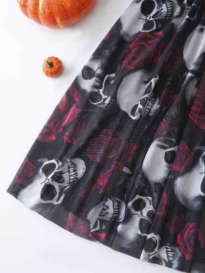 [Gothic Halloween Dress] Gothic Halloween Skeleton Rose Print Dress | Double V-Neck Zipper Sleeveless A-Line Skirt with Tulle Lining for Halloween Parties