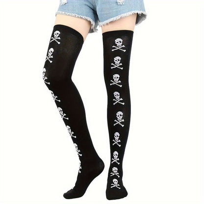 [Funny Halloween Socks] 3 Pairs Halloween Skull & Bat Print Women's Over-the-Knee Socks | Soft, Comfortable, Tight, High-Stretch for Parties & Daily Wear