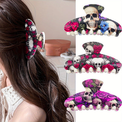 [Stylish Skull Hair Clips] 2pcs Stylish Women's Halloween Skull Hair Clips | Semi-High Back Scrunchies, Resin Shark Clips, Non-Slip Strong Fashionable Hair Accessories, Suitable for Festivals, Parties, Daily Use and Gifts