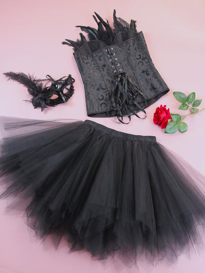 [Gothic Style Costume Set] Gothic Style Jacquard CORSETS + TUTU Skirt + Mask Set | Halloween Black Swan, Black Angel Costume Set - Party Outfit Set