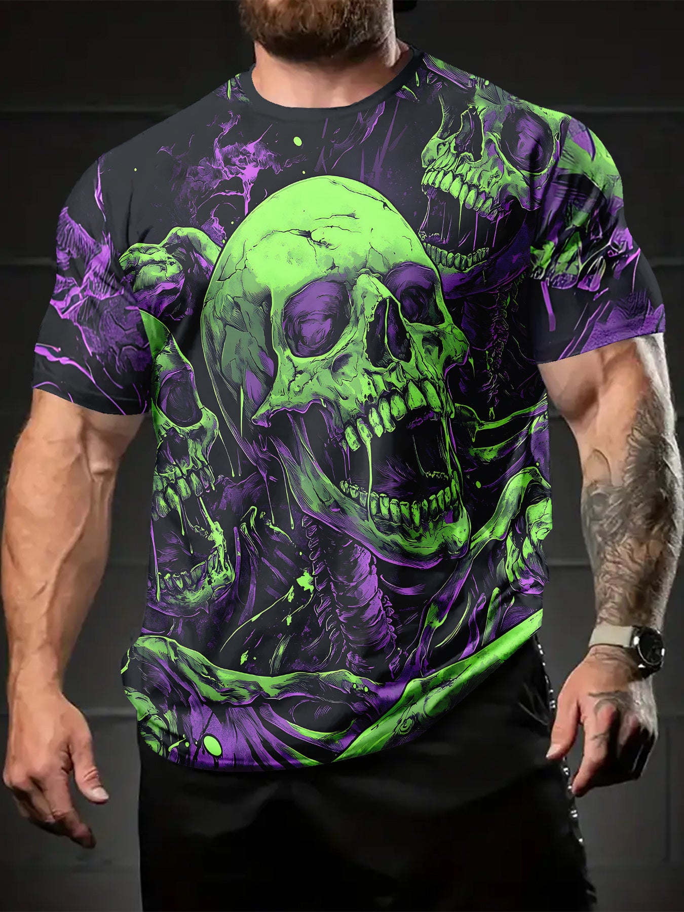[Breathable Knit Fabric] Men's Plus Size 3D Skull Print T-Shirt - Breathable Knit Fabric, Black with Neon Green Skull Design, Regular Fit Casual Summer Outdoor & Casual Attire, PLUS Size