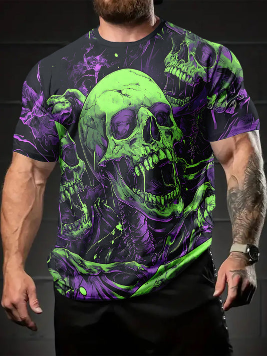 [Breathable Knit Fabric] Men's Plus Size 3D Skull Print T-Shirt - Breathable Knit Fabric, Black with Neon Green Skull Design, Regular Fit Casual Summer Outdoor & Casual Attire, PLUS Size
