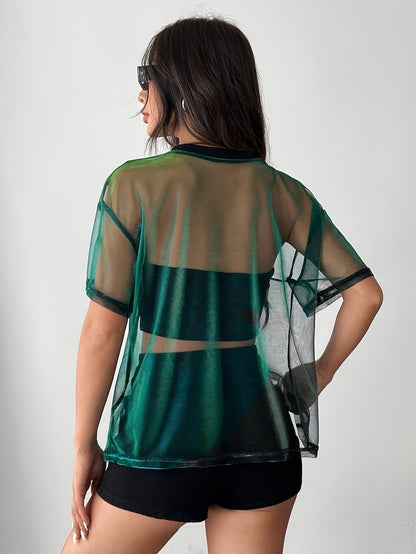 Women's Gradient Color Mesh Panel Summer T-Shirt - Elegant Loose Fit Round Neck Semi-Sheer Top for Casual & Evening Wear, Breathable Spring/Summer Fashion, Summer T Shirts, Spring Fashion, Stylish Semisheer, Elegant Mesh Desi