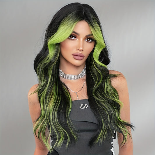 [Halloween Green Wig] Halloween Long Curly Wavy Green Wig for Women | Modest Fashion Middle Part Wigs with Curtain Bangs High Density Synthetic Fiber Fake Hair Trick or Treat Wear Beginners Glueless Wig Accessories Cosplay Pa
