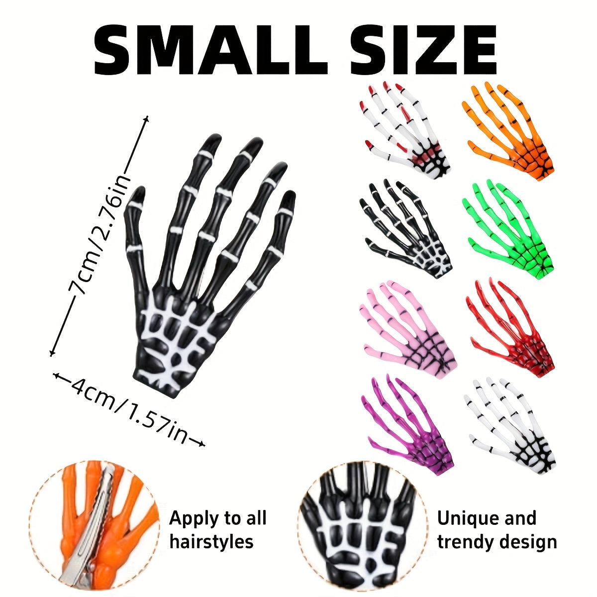 8pcs Skull Hair Clips - Colorful Skeleton Claw Clips, Punk Rock Horror Style Hair Accessories, Halloween Party Gift, Fun Hairstyle Add-Ons
