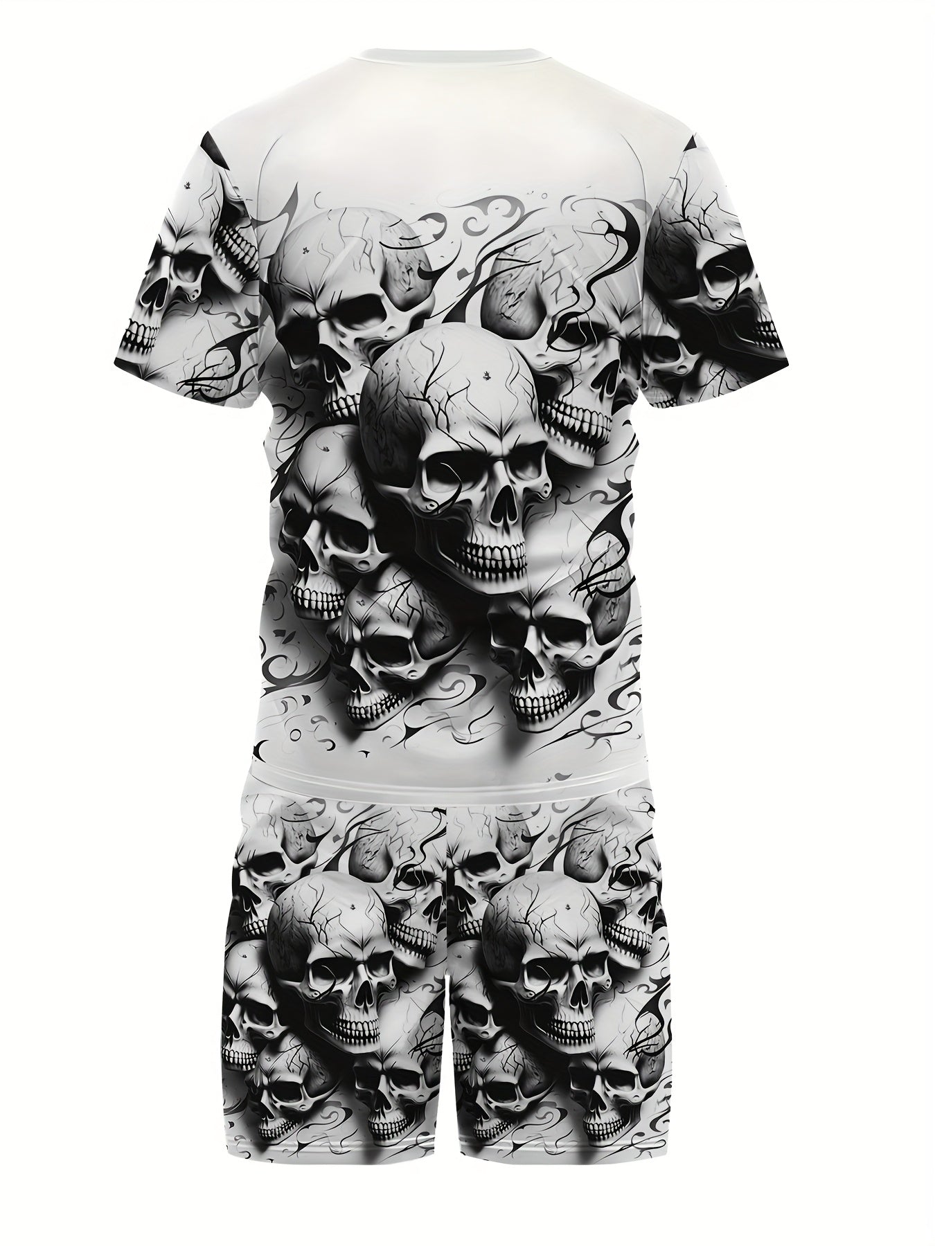 [Skull Print Set] 2pcs Men's Skull Print Set - 3D Graphic T-Shirt & Shorts | Summer Casual Sportswear, Black & White Skull Design, Comfortable Polyester Fabric, Perfect for Casual Attire, Graphic Print Clothing, Comfortable F