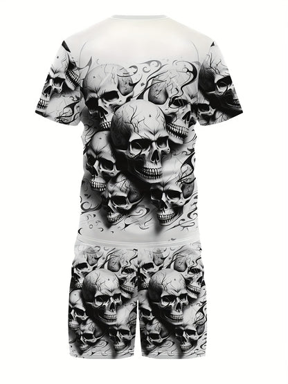 [Skull Print Set] 2pcs Men's Skull Print Set - 3D Graphic T-Shirt & Shorts | Summer Casual Sportswear, Black & White Skull Design, Comfortable Polyester Fabric, Perfect for Casual Attire, Graphic Print Clothing, Comfortable F