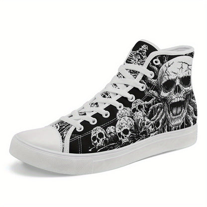 Men'S Plus Size Gothic Punk High-Top Sneakers with Skull Print, Black Casual Shoes for Streetwear & Everyday Comfort, Lace-Up Round Toe Design, Rubber Sole, Fabric Upper, Perfect for Parties, Concerts & Daily Wear, Everyday C