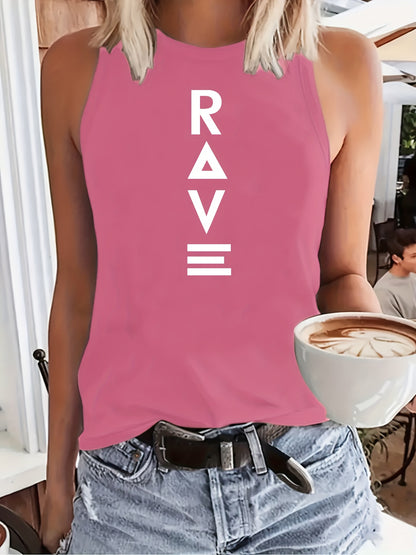 Women'S Casual RAVE Graphic Tank Top - Sleeveless, Round Neck, Light Brown with White Lettering, All-Season Fashion, Casual Attire|Bold Lettering Top|Durable Fabric