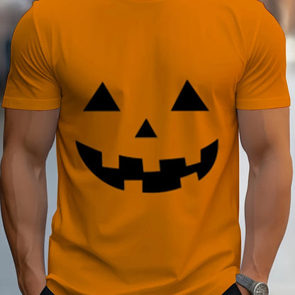 [Halloween Pumpkin Face T-Shirt] Plus Size Men's Halloween Pumpkin Face T-Shirt | Casual Crew Neck, Polyester & Spandex Blend, Slightly Stretchy Knit Fabric - Perfect for Spring/Summer/Fall, Ideal for Adults and Teens on the