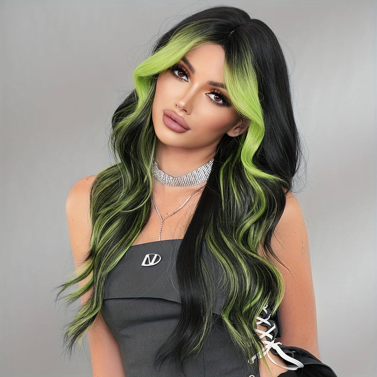 [Halloween Green Wig] Halloween Long Curly Wavy Green Wig for Women | Modest Fashion Middle Part Wigs with Curtain Bangs High Density Synthetic Fiber Fake Hair Trick or Treat Wear Beginners Glueless Wig Accessories Cosplay Pa