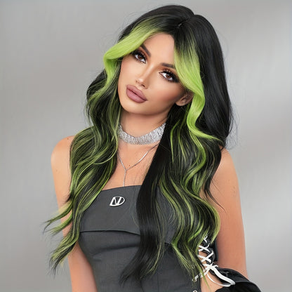 [Halloween Green Wig] Halloween Long Curly Wavy Green Wig for Women | Modest Fashion Middle Part Wigs with Curtain Bangs High Density Synthetic Fiber Fake Hair Trick or Treat Wear Beginners Glueless Wig Accessories Cosplay Pa
