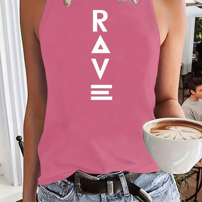 Women'S Casual RAVE Graphic Tank Top - Sleeveless, Round Neck, Light Brown with White Lettering, All-Season Fashion, Casual Attire|Bold Lettering Top|Durable Fabric