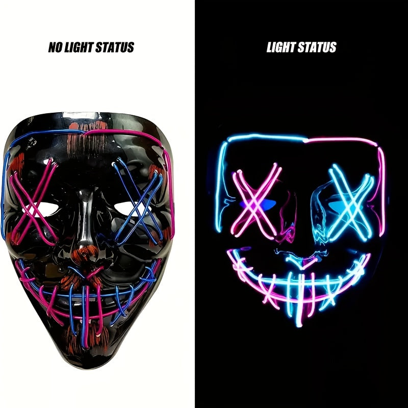 [LED Halloween Mask] 1pc LED Halloween Mask - Motion Sensor, Neon Glow, Sound-Activated Lighting, PVC Horror Face Mask for Adults/Teens, Compatible with Halloween, Haunted Houses, Clubs, Festive Celebration, Glowing Effect, H