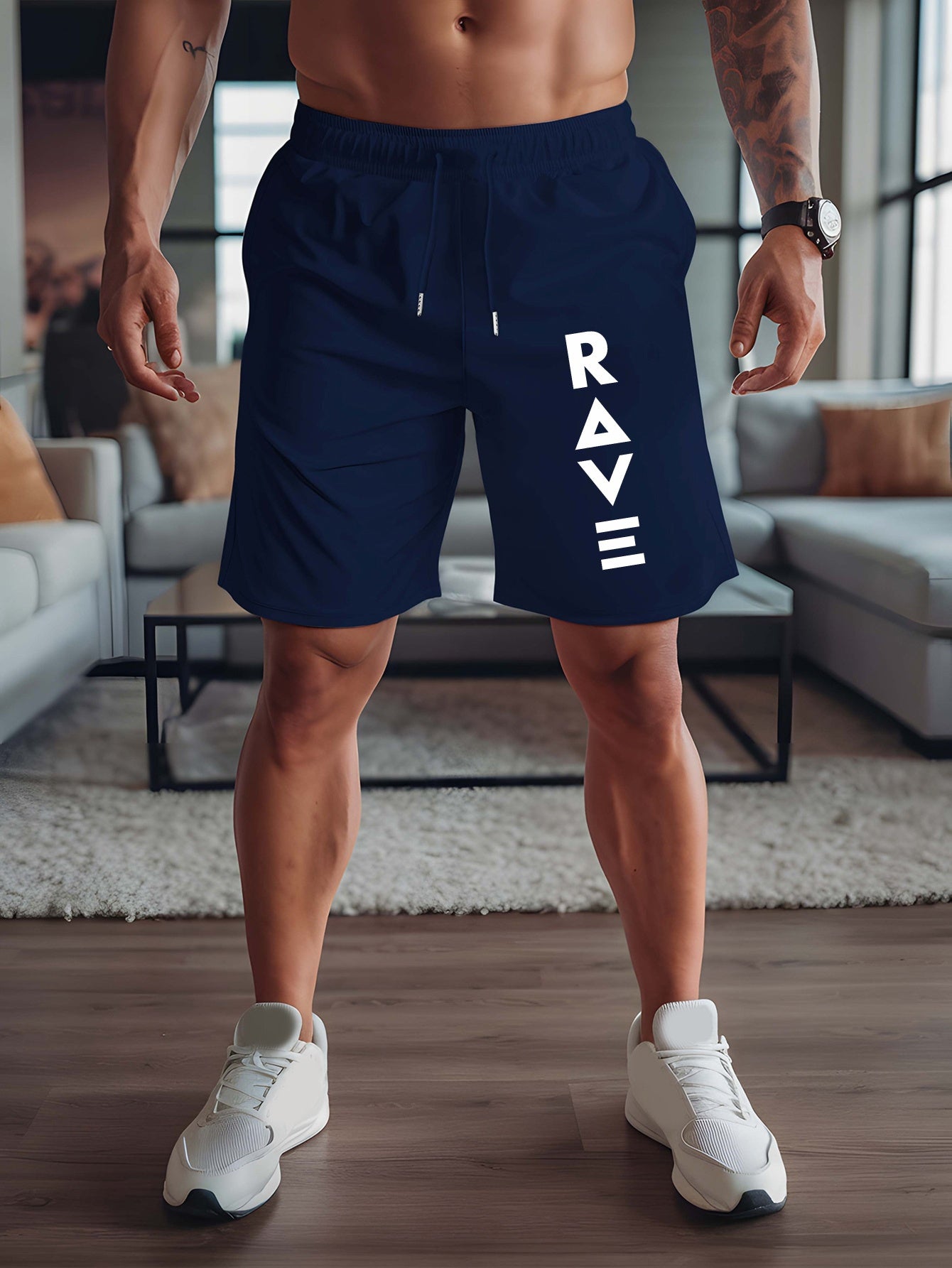 R V New Men's Summer Casual Shorts with RAVE Letter Print - Light Grey Regular Fit Outdoor Sports & Beach Vacation Shorts, American Fashion Trendy Lightweight Comfortable Design, Beach Vacation Apparel | Fashionable Casualwea