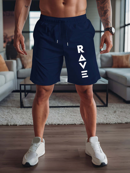 R V New Men's Summer Casual Shorts with RAVE Letter Print - Light Grey Regular Fit Outdoor Sports & Beach Vacation Shorts, American Fashion Trendy Lightweight Comfortable Design, Beach Vacation Apparel | Fashionable Casualwea