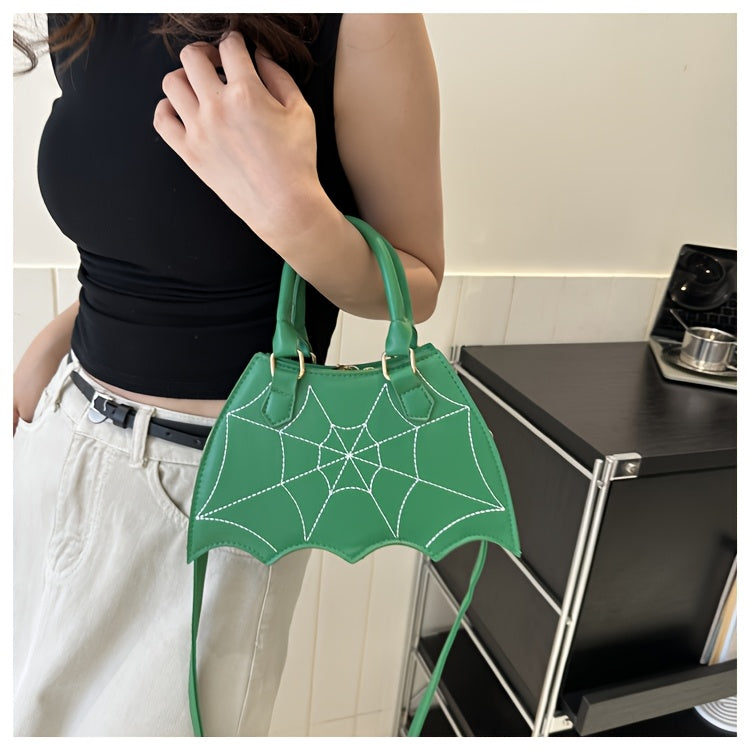 Halloween Women'S Bat Wing Spider Web Handbag - Lightweight Synthetic Faux Leather Tote with Geometric Spider Web Design, Zipper Closure & Detachable Strap, Gothic Style for Daily Use or Party Outfits, Durable Polyester Linin