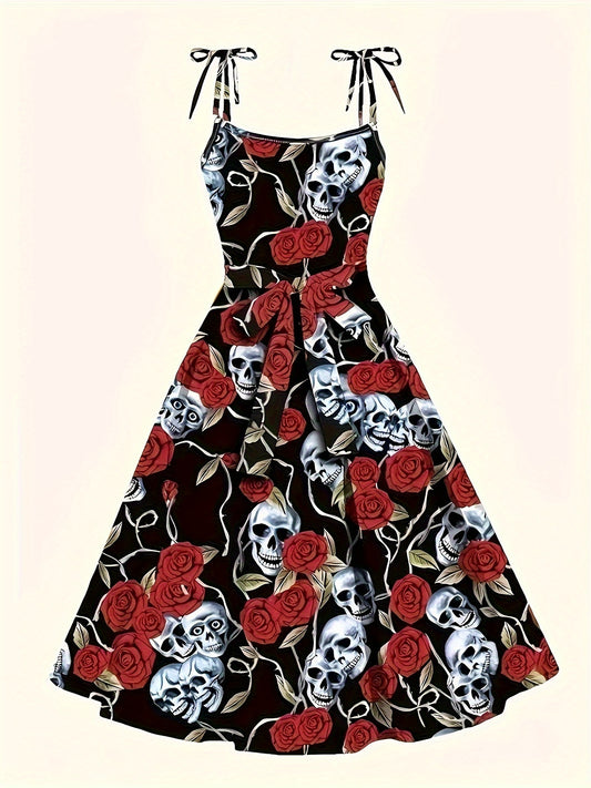 Chic Halloween Skull Print Cami Dress - Polyester, Machine Washable, Tie-Detail A-Line Party Dress for Women