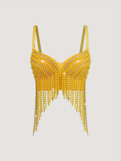 Sexy Fishbone Corset Top with Pearl Embellishments & Tassel Details - Vibrant Pink Stretchy Spaghetti Strap Bustier for Nightclub, Concert, Festival - Versatile All-Season Women's Fashion, Concert Attire, Elegant Style, Styli