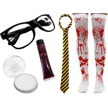 Ladies Halloween Zombie Schoolgirl Costume - Green & Grey Tie - Glasses, Striped Tie, Bloody Stockings, Fake Blood And Face Paint - Adults Horror Geek Scary Nerd Halloween Fancy Dress Set