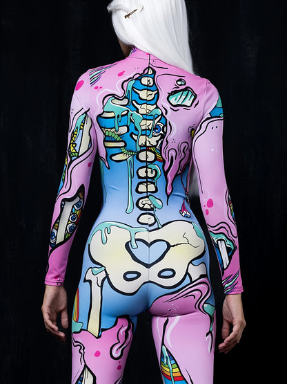 Women's Cute Spooky Skull 3D Print Gothic Halloween Costume Bodysuit for Carnival Holiday Party Cosplay
