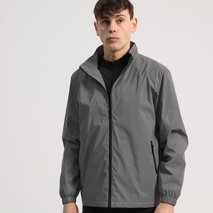 Men's Lightweight Windproof Softshell Jacket with Reflective Accents - Stand Collar Cycling Coat for Night Riding, Hiking & Running, Full-Zip Outdoor Casual Coat, Regular Fit, Spring/Autumn, Solid Color, Mountain Bike Clothes
