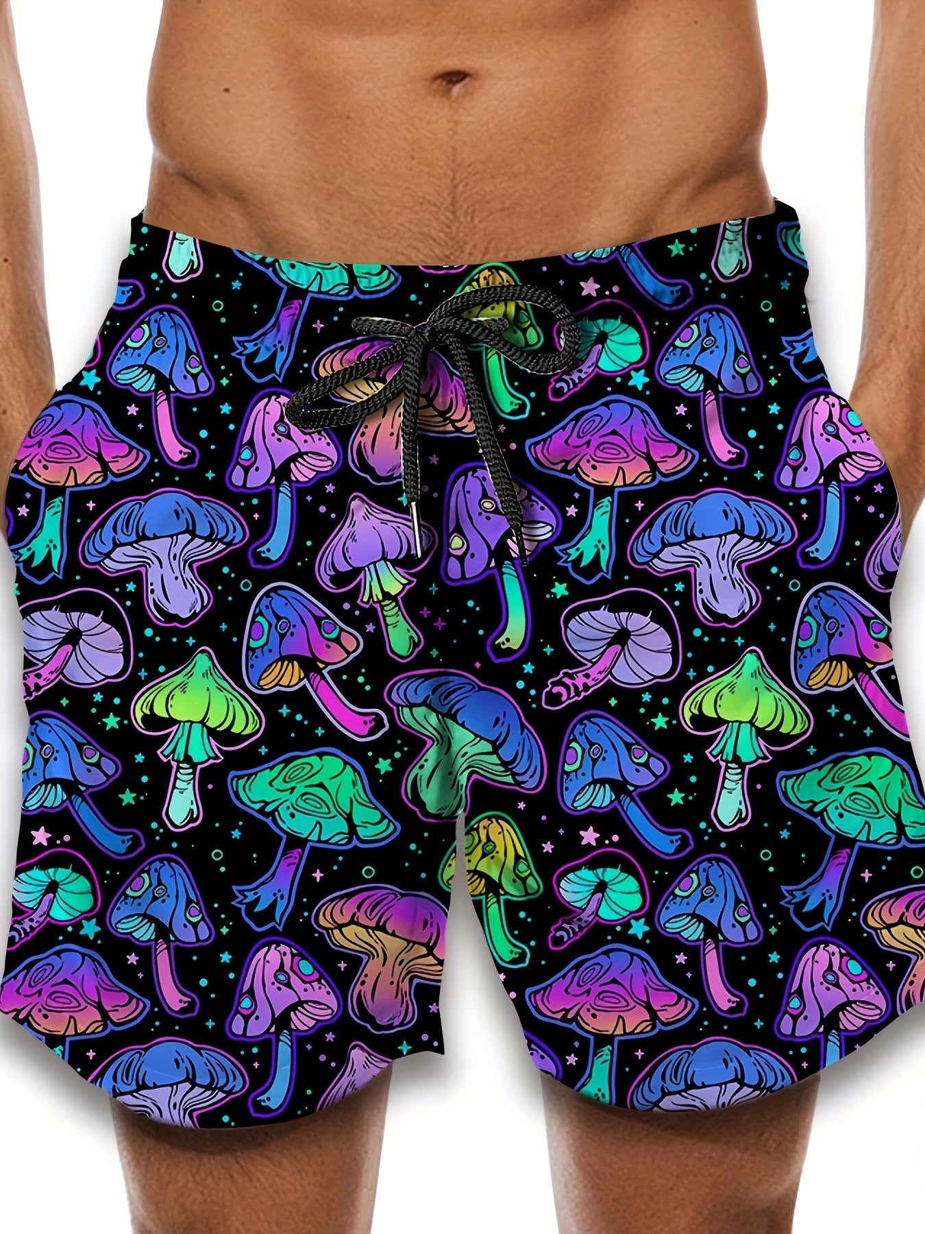 Men's Retro Neon Mushroom 3D Print Casual Athletic Shorts - Vibrant Psychedelic Design, Drawstring Waist, Comfortable for Basketball & Streetwear