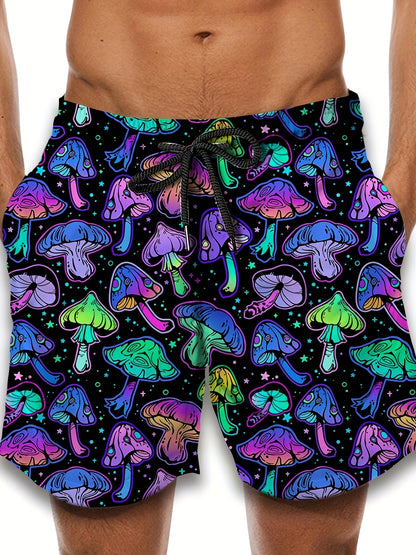 Men's Retro Neon Mushroom 3D Print Casual Athletic Shorts - Vibrant Psychedelic Design, Drawstring Waist, Comfortable for Basketball & Streetwear