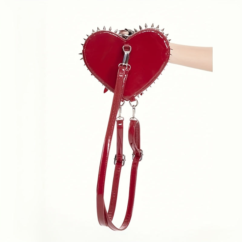 Women'S Punk Gothic Heart-Shaped Chain Backpack - Red Faux Leather with Metallic Studded Design, Adjustable Straps & Zipper Closure, Casual Daypack for Casual Attire, Casual Daypack | Punk Style Backpack | Metallic Studded Ba