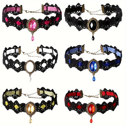 Gothic Lace Choker Necklace with Rhinestone, Adjustable Clavicle Jewelry, Women'S Fashion Collar, Gift for Parties, Halloween, All-Season Accessory