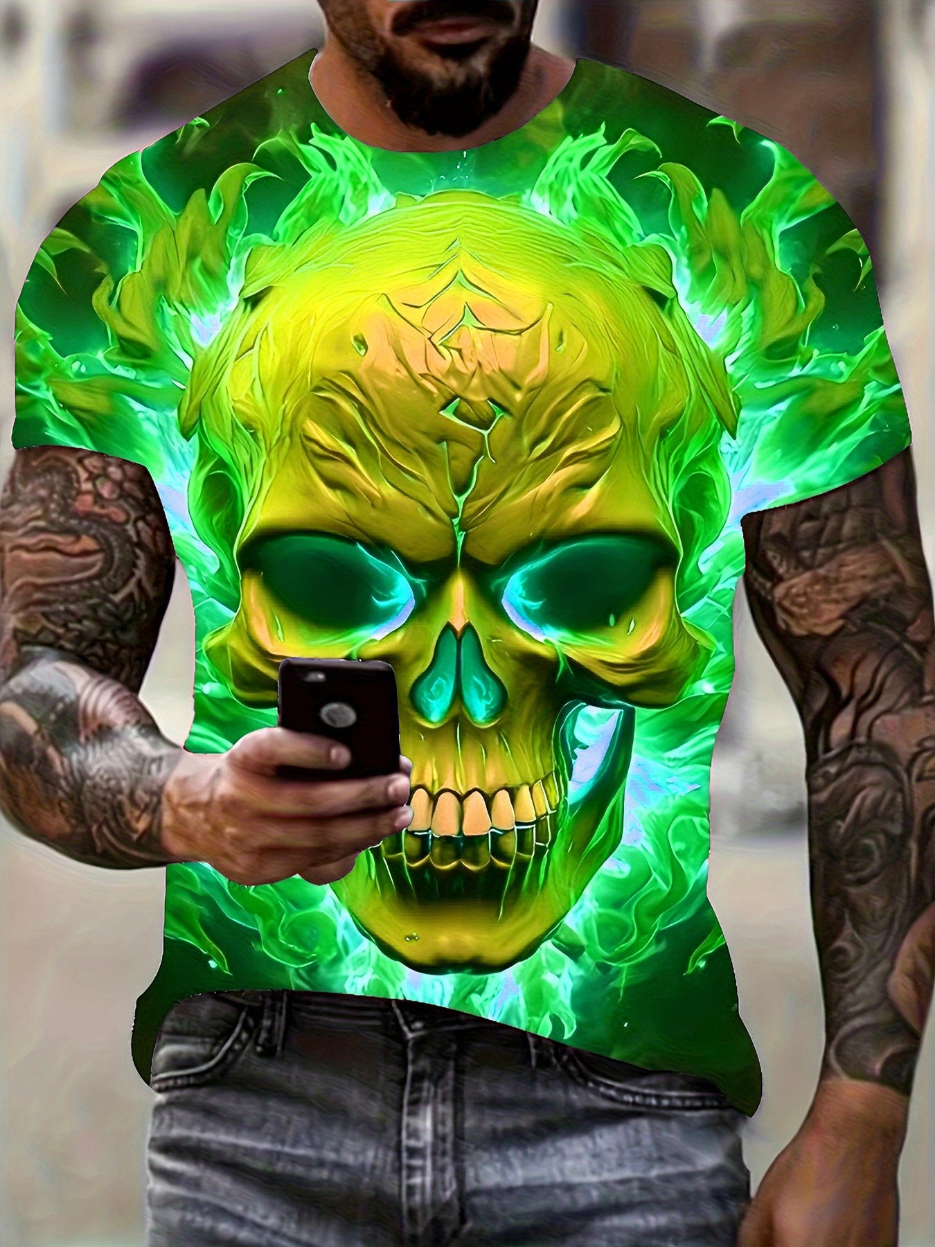 Men'S Plus Size 3D Skull & Flames Graphic T-Shirt - Bold Neon Green & Blue Casual Short Sleeve Tee with Digital Print, Round Neck Regular Fit Summer Top for Edgy Streetwear & Casual Attire, Skull T Shirt, Comfortable Fit, Str