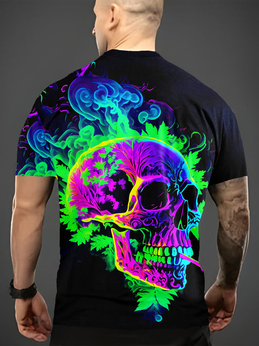 Men's Fluorescent Skull Print T-Shirt - Vibrant Summer Short Sleeve Tee, Casual & Comfortable Round Neck Graphic Tee for Casual Attire, Everyday Tshirt | Artistic Fashion Tee | Comfortable Fit, Tee Shirts