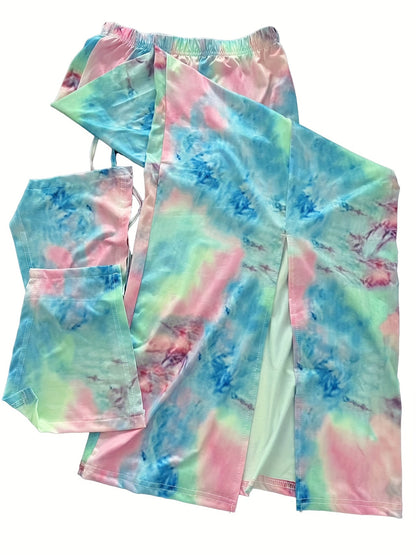 Women's Sexy Elegant Tie-Dye Print Halter Neck Bodycon Dress with Slit Detail - Long Sleeveless Machine Washable All-Season Party & Casual Outfit, Versatile Fashion, Sleek Fit Fabric, Sophisticated Craftsmanship