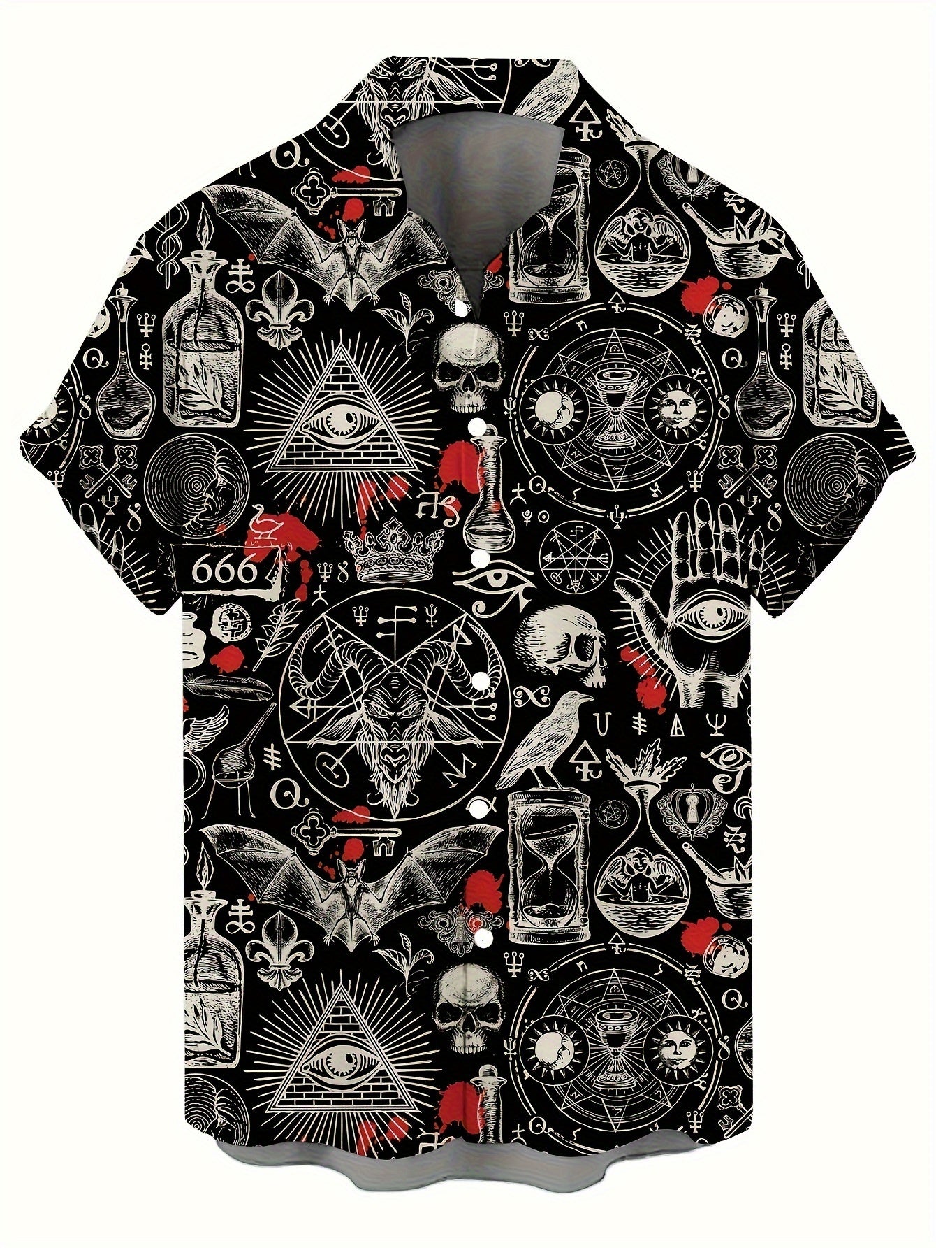 Men's Vintage Skull & Bat Print Short Sleeve Button-Up Shirt - Casual Polyester, Machine Washable - Perfect for Streetwear & Holidays, Novelty Fashion Top