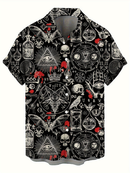 Men's Vintage Skull & Bat Print Short Sleeve Button-Up Shirt - Casual Polyester, Machine Washable - Perfect for Streetwear & Holidays, Novelty Fashion Top