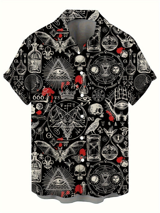 Men's Vintage Skull & Bat Print Short Sleeve Button-Up Shirt - Casual Polyester, Machine Washable - Perfect for Streetwear & Holidays, Novelty Fashion Top
