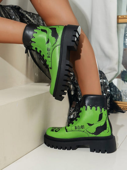 Trendy Plus Size Women's Halloween Print Lace-Up Boots - Thick Low Heel Round Toe PU Cover Short Boots with Rubber Sole, All-Season Comfort for Casual & Festive Occasions