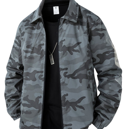 Men's Reflective Camo Soft Shell Jacket - Lightweight Polyester, Zip-Up Design with Flap Pockets, Gray Camouflage Pattern for Outdoor Activities, Running, Training, Hiking & Cycling - Perfect for Casual Wear